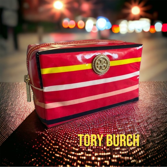 TORY BURCH NEW MAKEUP COSMETIC BAG BRIGITTE RED STRIPE ZIP Mother Day gift - Picture 10 of 10